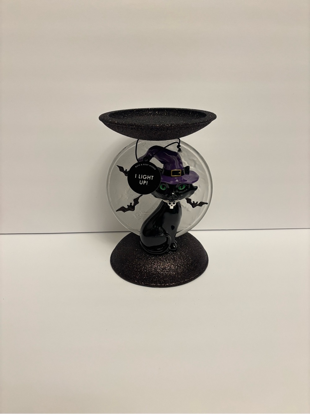 Bath & Body Works Light-up Cat and Moon Pedestal 3-Wick Candle Holder Halloween